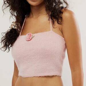 For Love & Lemons Savannah Alpaca Wool Crop Halter Top Pink Rose Small Soft Knit